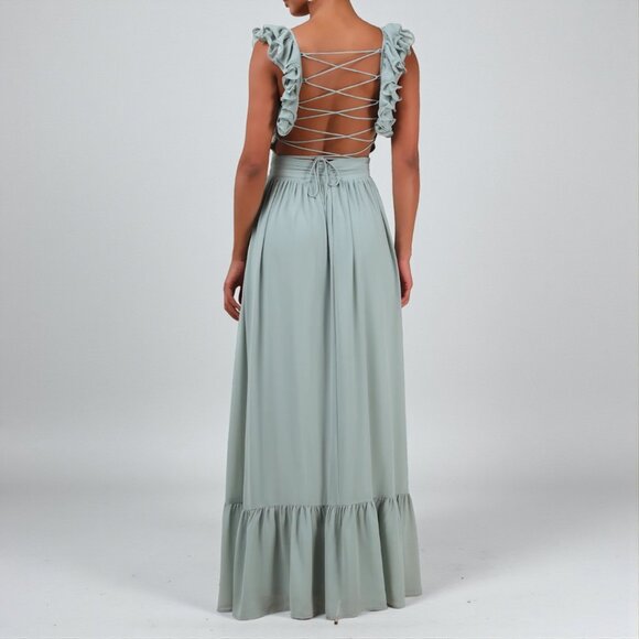 Lulus Soiree Celebration Light Blue Floral Ruffled Lace-Up Maxi Dress  Size M - Picture 2 of 9